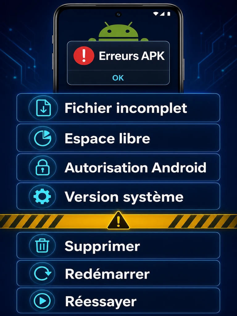 Infographie: corriger les erreurs fréquentes d'installation APK sur Android.