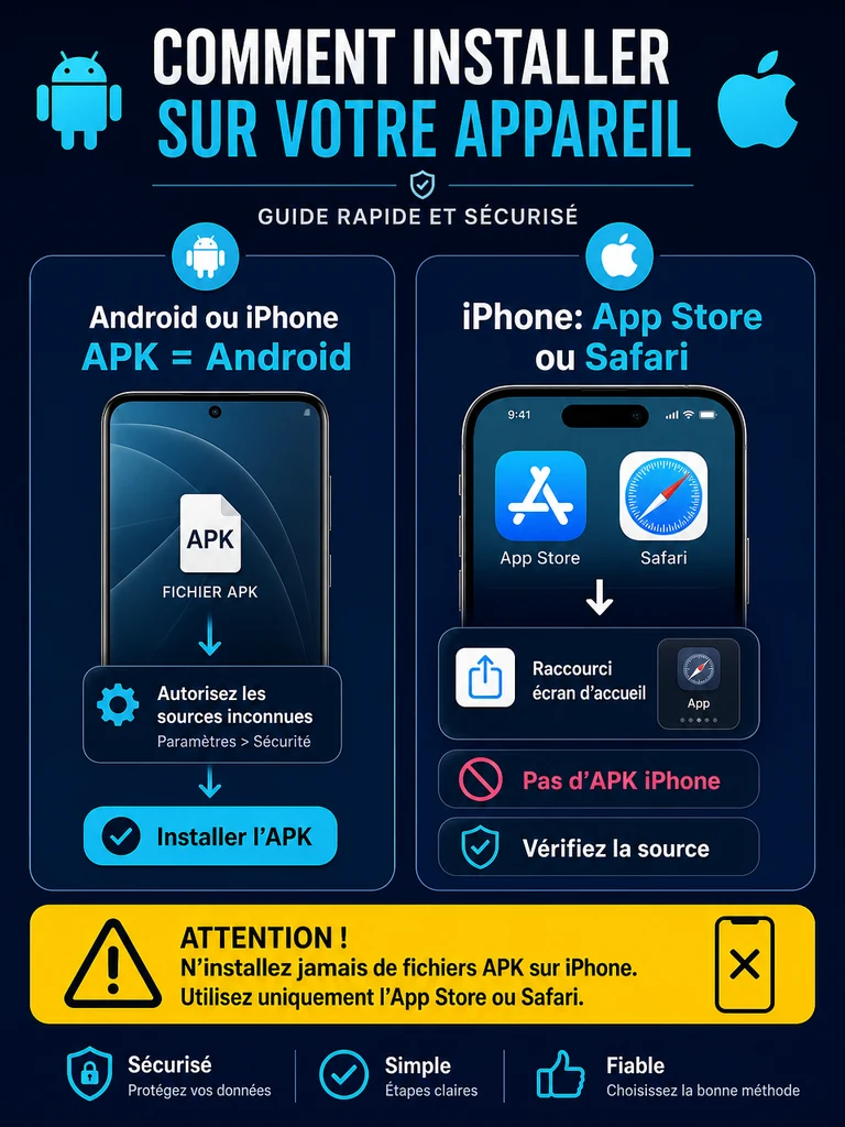 Infographie: comprendre pourquoi un iPhone utilise App Store ou Safari, pas un fichier APK.