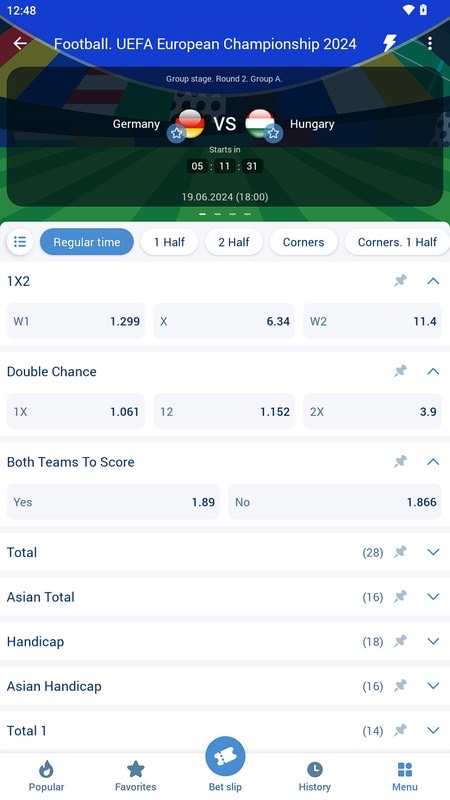 1xBet : marchés de paris d'un match de football