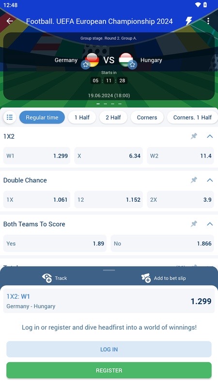 1xBet : cotes d'un match et invitation à se connecter