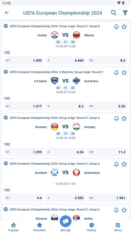 1xBet : événements avant-match avec cotes